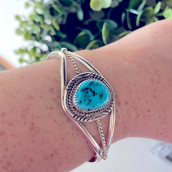 Vintage Native American Pat Yazzie Turquoise Cuff Bracelet Sterling Silver 925 - Picture 6 of 8